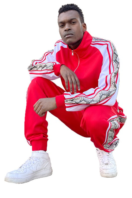 WEIV Men's Track Suit in Red with Snake Print Details for Activewear Style and Comfort