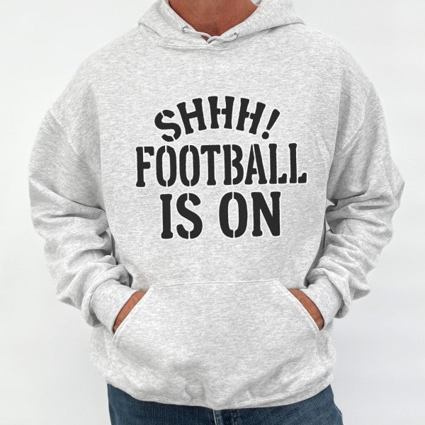Gray ATTA TOOD men's travel hoodie with 'Shhh! Football is On' print for cozy lounging