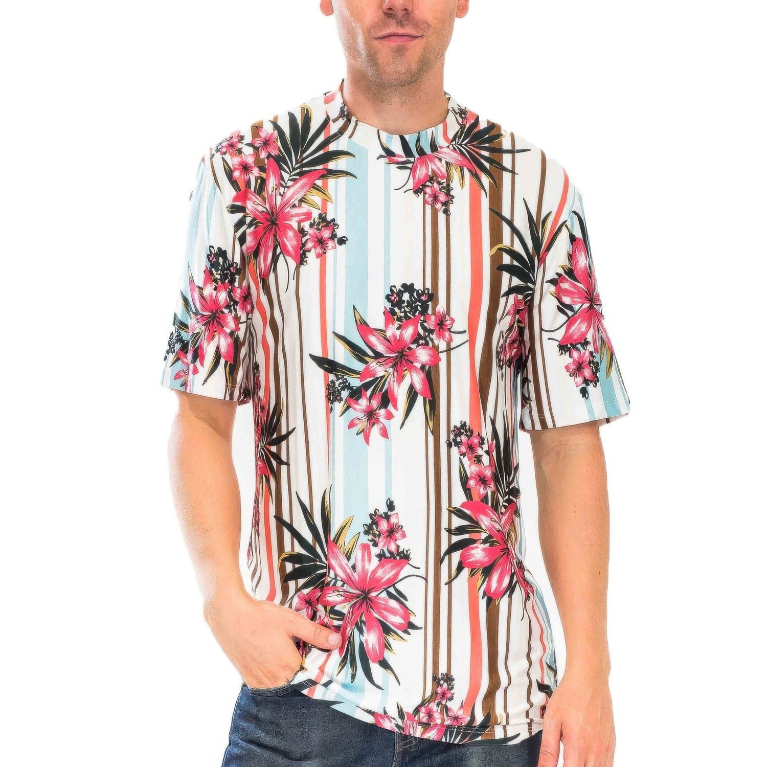 Men's Tropical Beach T-Shirt from VacationGrabs with Floral and Striped Design for Summer Style