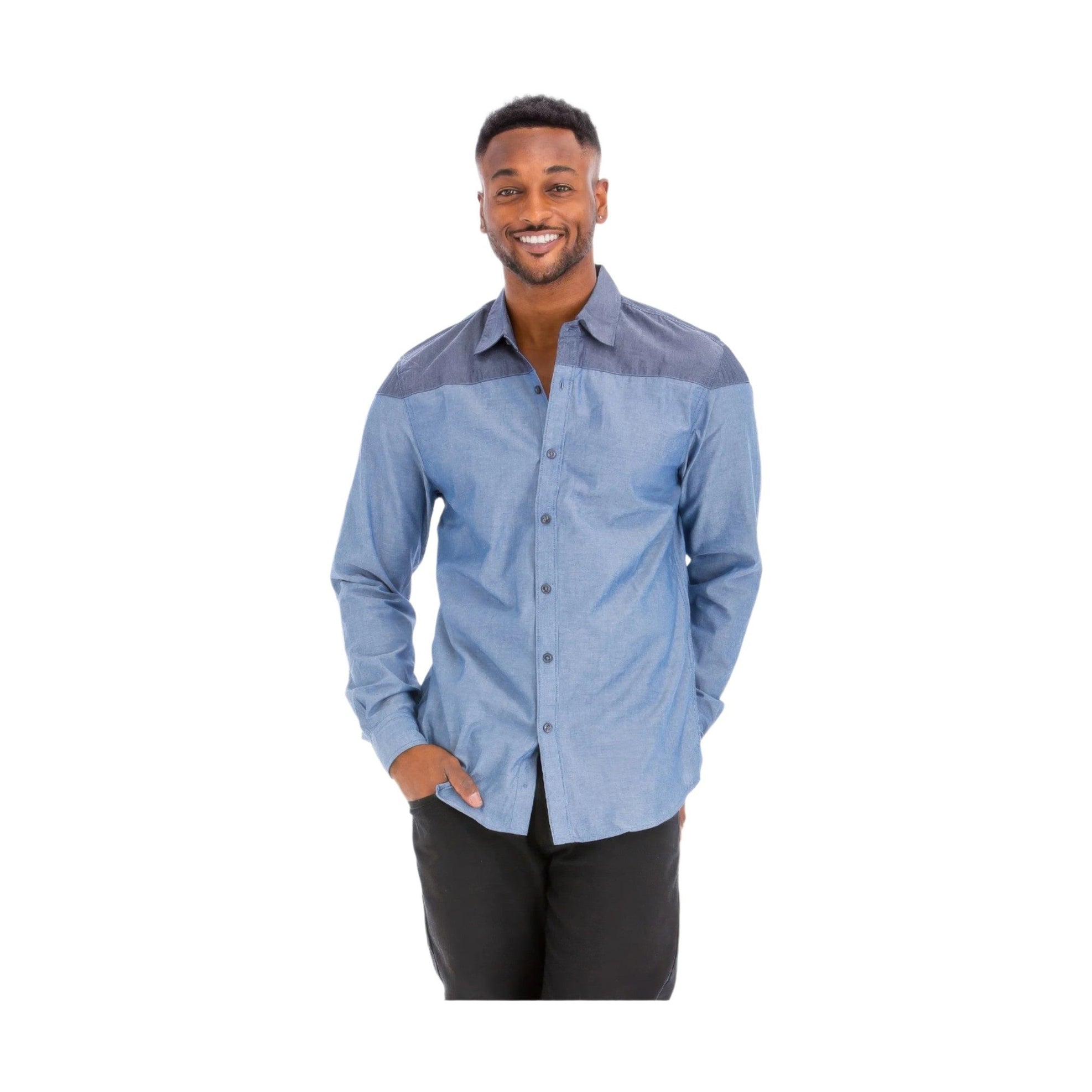 Men's two tone shirt by VacationGrabs featuring a stylish combination of blue fabrics