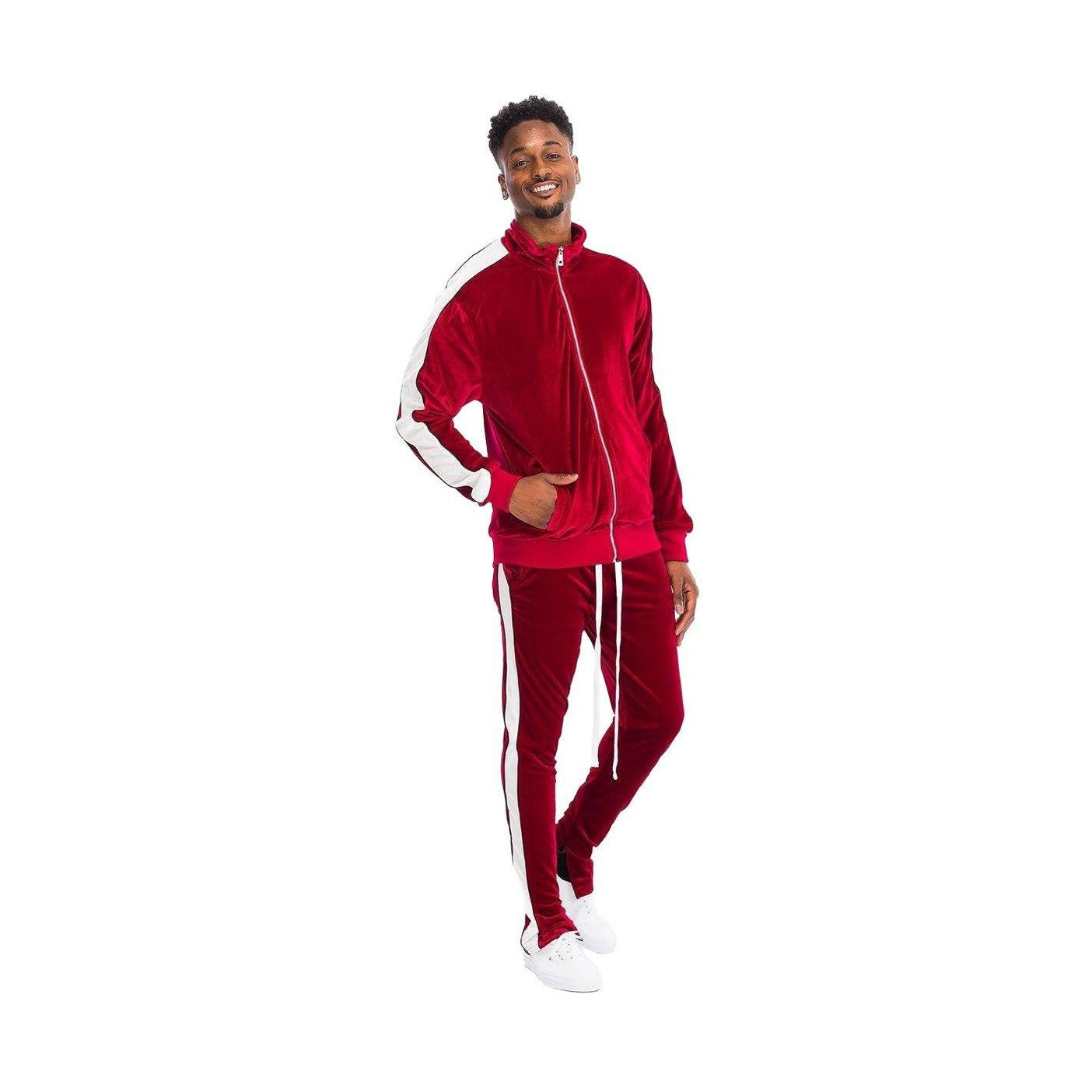 Men's velour track set in red with white stripe accents, perfect for casual or athletic wear