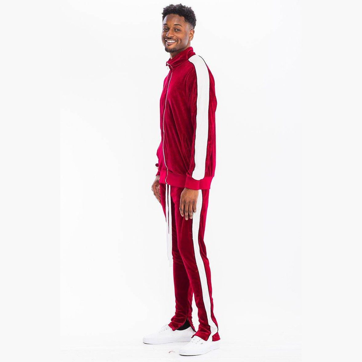 Men's velour track set in red with white stripes, perfect for casual or sporty looks