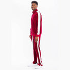 Men's velour track set in red with white stripes, perfect for casual or sporty looks