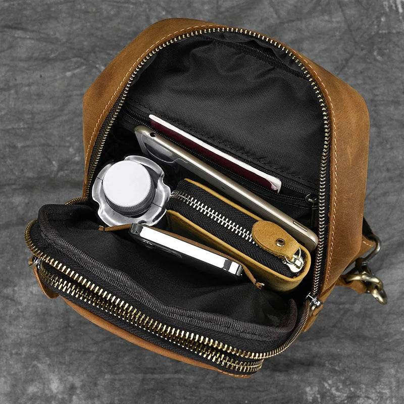 Mens vintage travel chest bag with spacious interior and multiple pockets for essential travel items