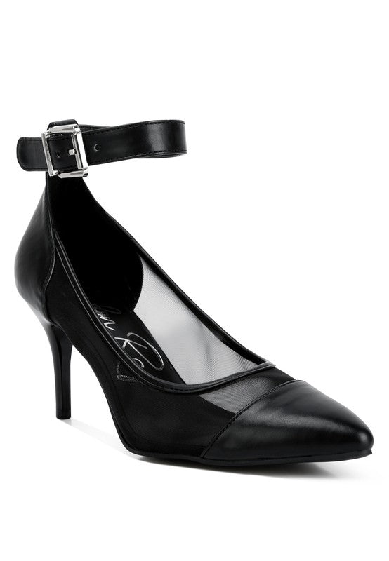 Black leather mesh pump sandals for women with ankle strap