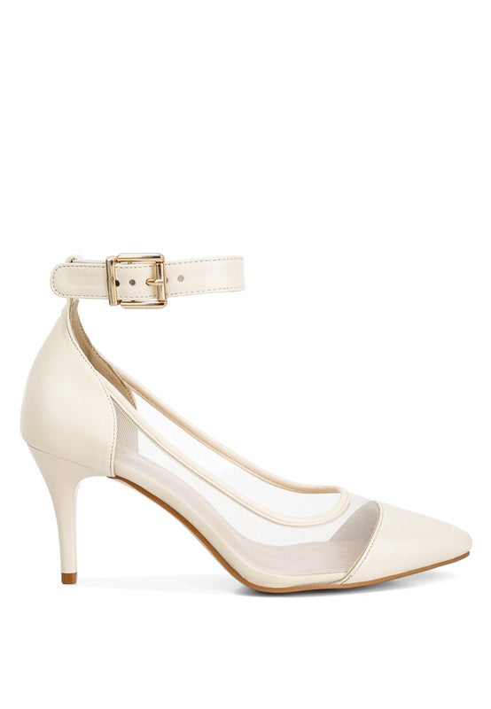White mesh pump sandals for women with ankle strap and stylish design