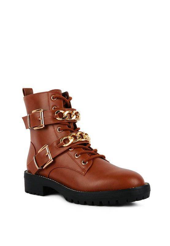 Rag Company metallic accent motorcycle boots in brown with gold chain details and sturdy outsole