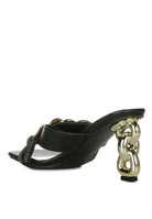 Rag Company black metallic chain heeled sandals with large gold chain detail on heel