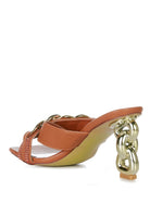 Rag Company metallic chain heeled sandals in tan with chunky gold chain detail on the heel