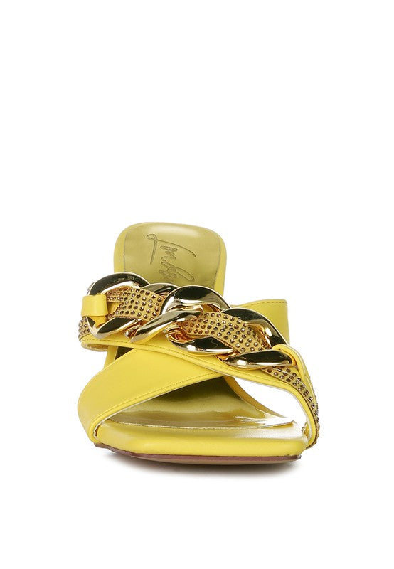 Yellow Rag Company metallic chain heeled sandals with large gold chain detail and open toe
