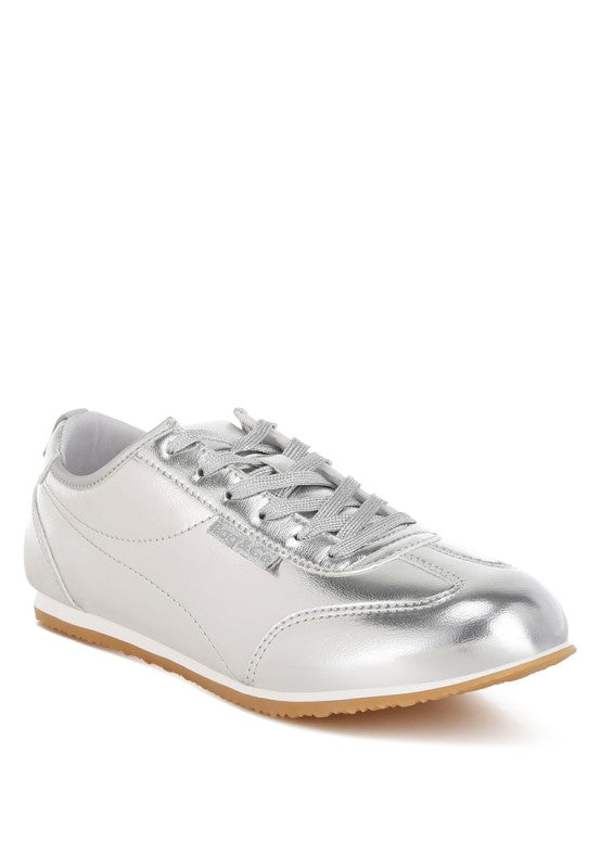 Women's metallic faux leather sneakers, stylish silver design for casual wear