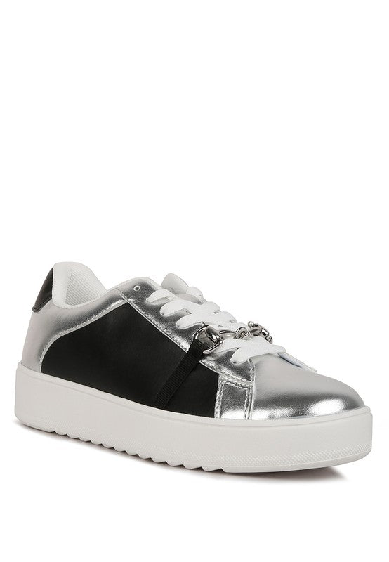 Women's metallic sneakers for women in silver and black, stylish for everyday wear