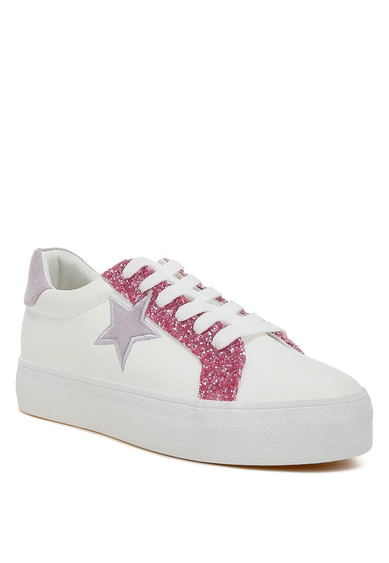 Women's metallic star glitter sneakers in white and pink for trendy casual wear