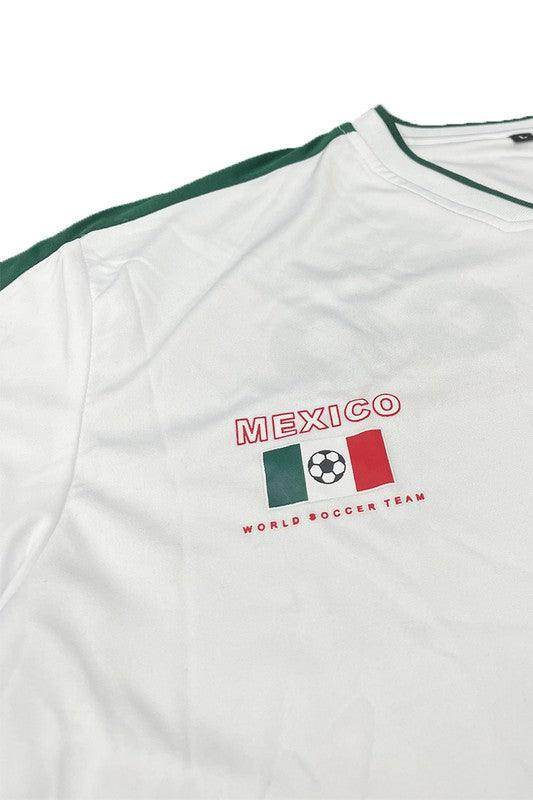 White WEIV men's shirt featuring Mexico World Cup Mexico team shirt design with flag graphics