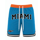 WEIV men's 23 Chicago basketball shorts in blue with Miami print and orange waistband