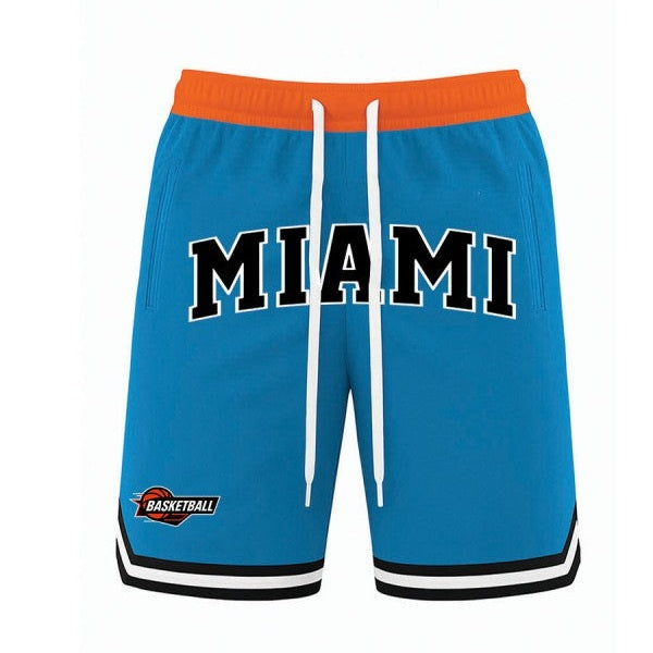 WEIV men's 23 Chicago basketball shorts in blue with Miami print and orange waistband
