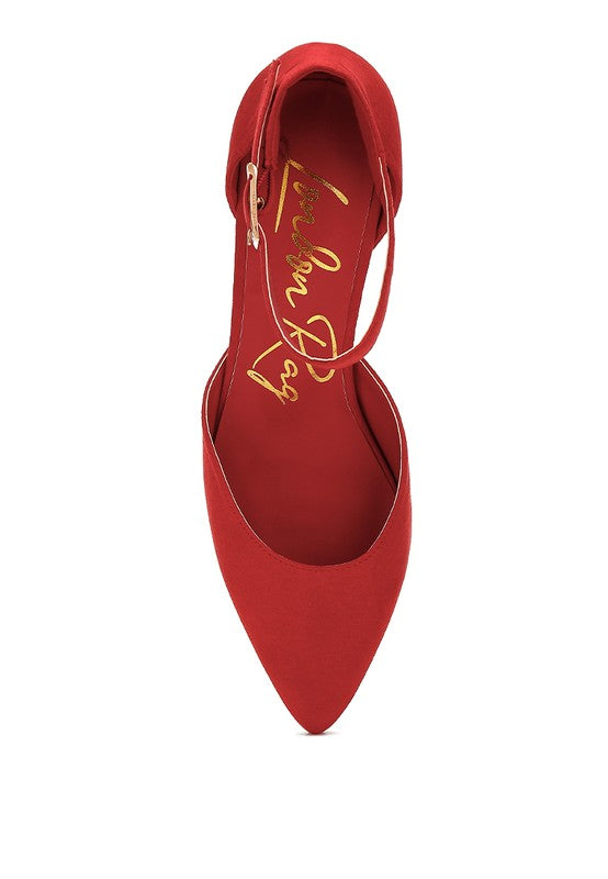 Red microfiber block heel sandals for women, stylish and comfortable