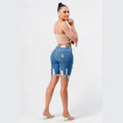 LITZ LA mid rise denim shorts featuring a distressed design and a flattering fit for women