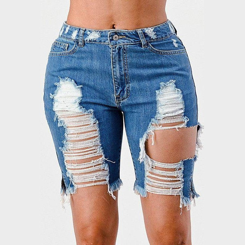 LITZ LA mid rise denim shorts with distressed rips and a trendy fit for summer outings