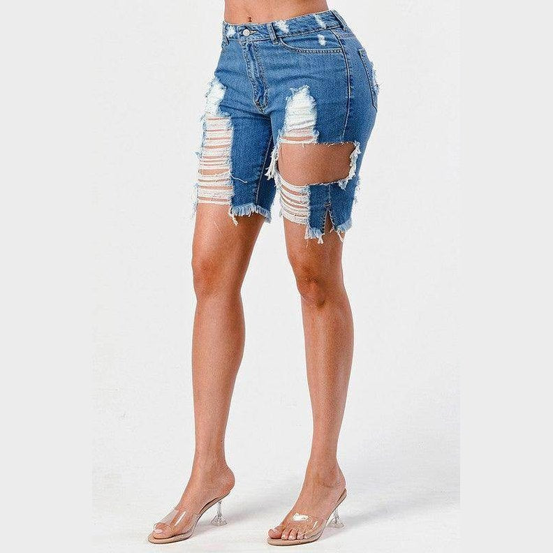 LITZ LA mid rise denim shorts with distressed detailing and frayed hem for a trendy summer look