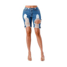 LITZ LA mid rise denim shorts featuring distressed design and frayed hem for a stylish summer look