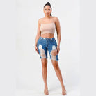 LITZ LA mid rise denim shorts with distressed detailing and frayed edges for a trendy summer look