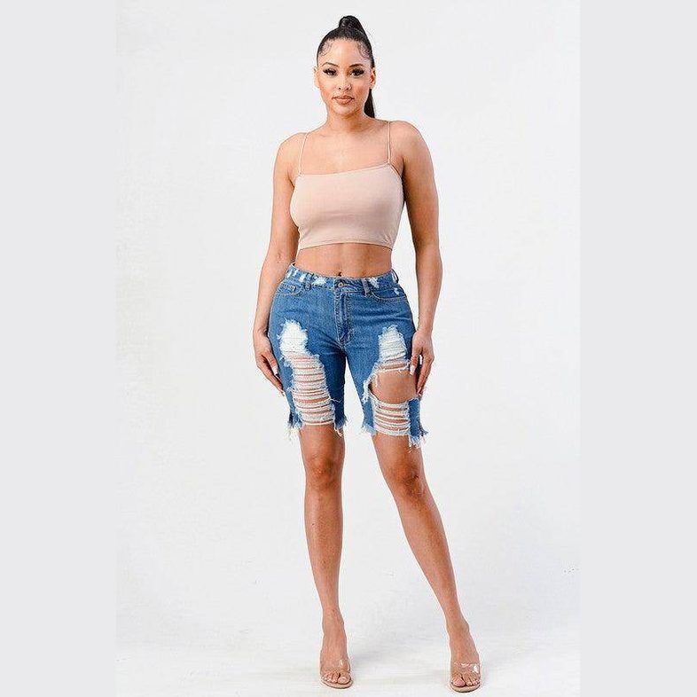 LITZ LA mid rise denim shorts with distressed detailing and frayed edges for a trendy summer look