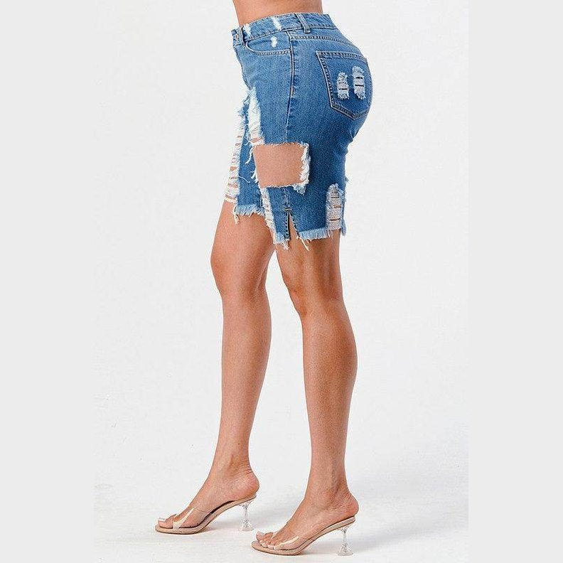 LITZ LA mid rise denim shorts featuring distressed details and a flattering fit for casual wear