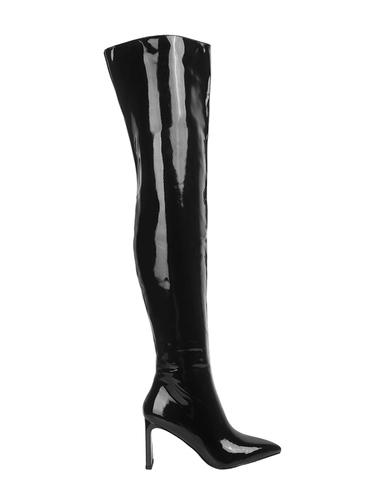 Black patent leather knee-high boot on a white background
