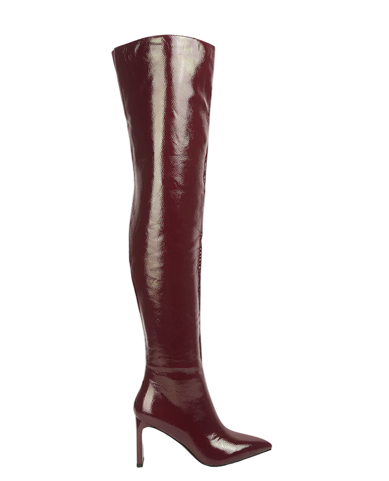 Burgundy knee-high boot on a white background
