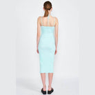 Back view of a mint midi dress for women with spaghetti straps and a fitted silhouette