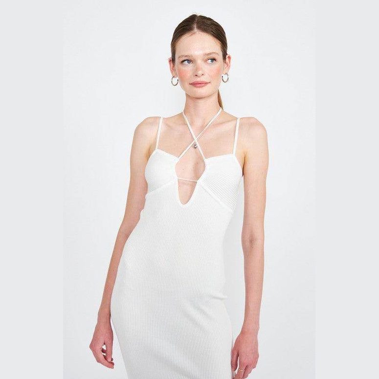 Emory Park white ribbed dress with a deep V-neck and crisscross straps, a stylish mint midi dress for women