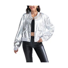 Miss Sparkling metallic bomber jacket in silver cropped style with front pockets and ribbed cuffs