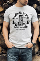 Morning wood mens t-shirt by Wildberry Waves featuring lumber company graphic in black on gray tee
