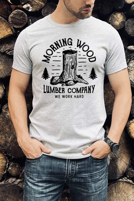 Morning wood mens t-shirt by Wildberry Waves featuring lumber company graphic in black on gray tee