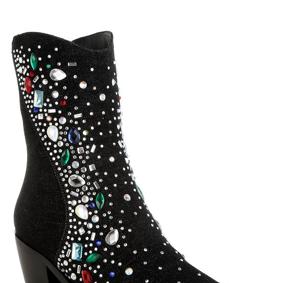 Rag Company multi color embellished boots with sparkling gems on a stylish black ankle design