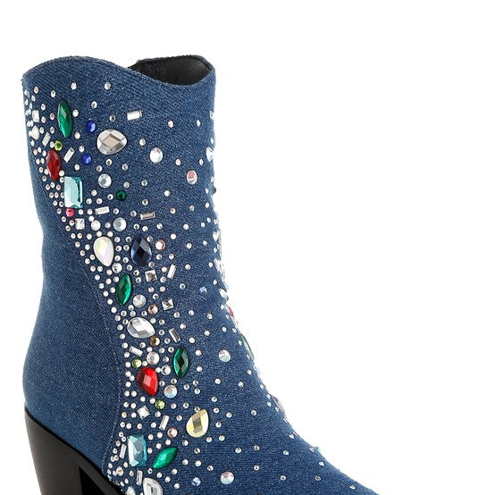 Multi color embellished boots by Rag Company featuring decorative gems and a stylish design