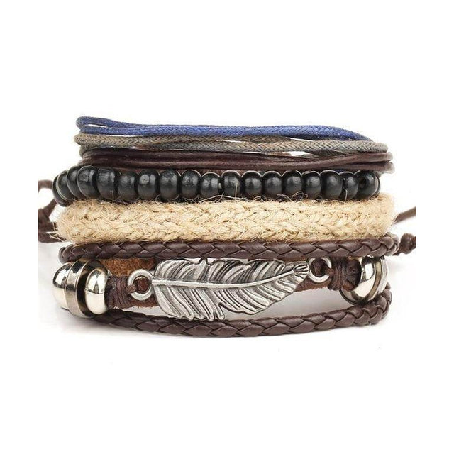 Multi-layer bracelet fashion for men featuring leather, beads, and a silver leaf charm