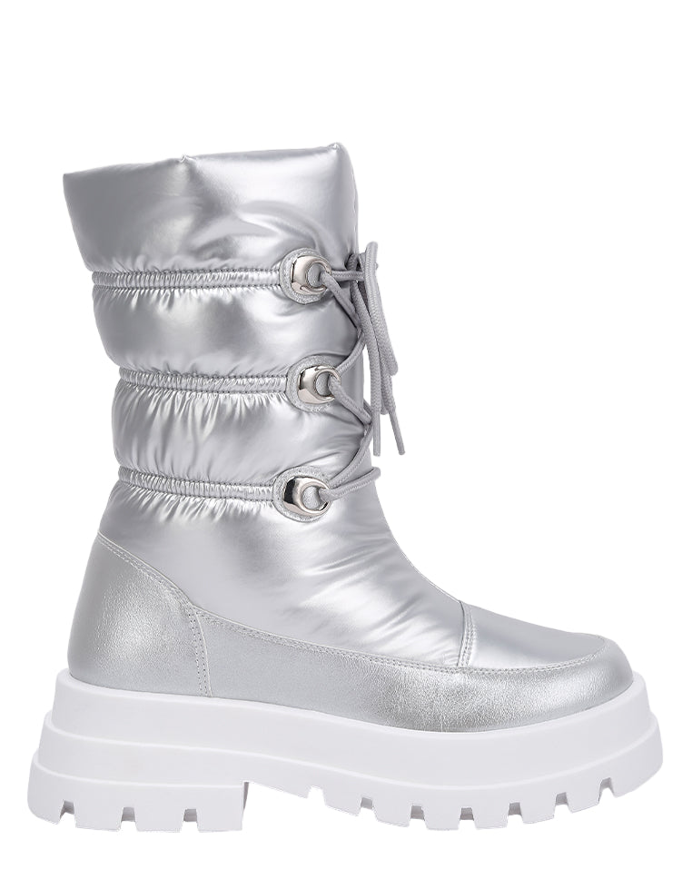 Silver metallic boot with white sole on a light gray background