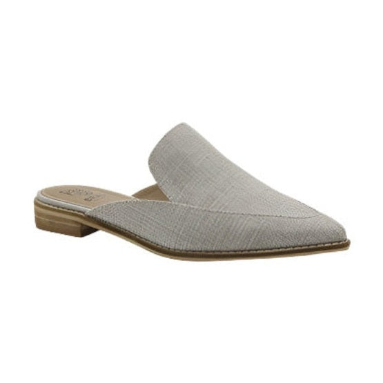 Let's See Style beige pointed toe mules for women with textured fabric flats and low wooden heel