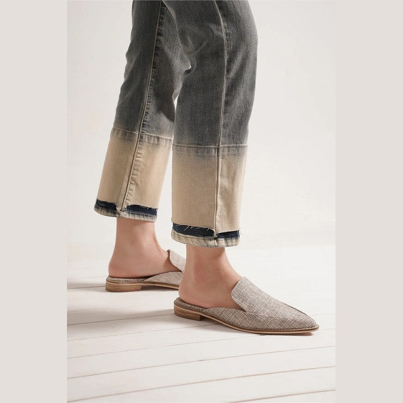 Let's See Style pointed toe mules for women in beige woven fabric with low wooden heel