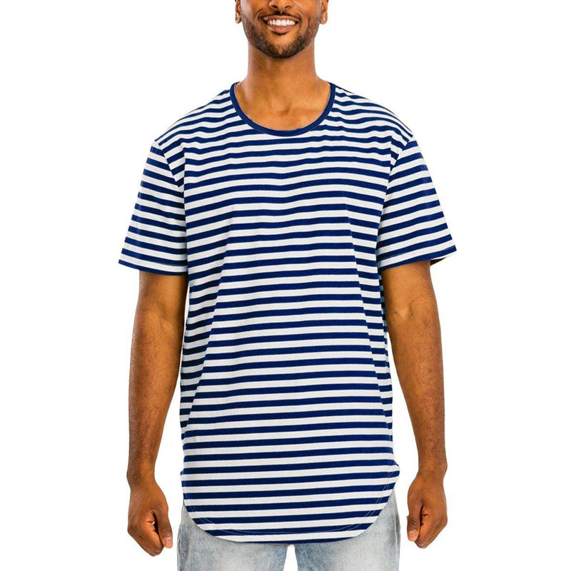 Navy Blue Striped Round Neck Tshirt - VacationGrabs