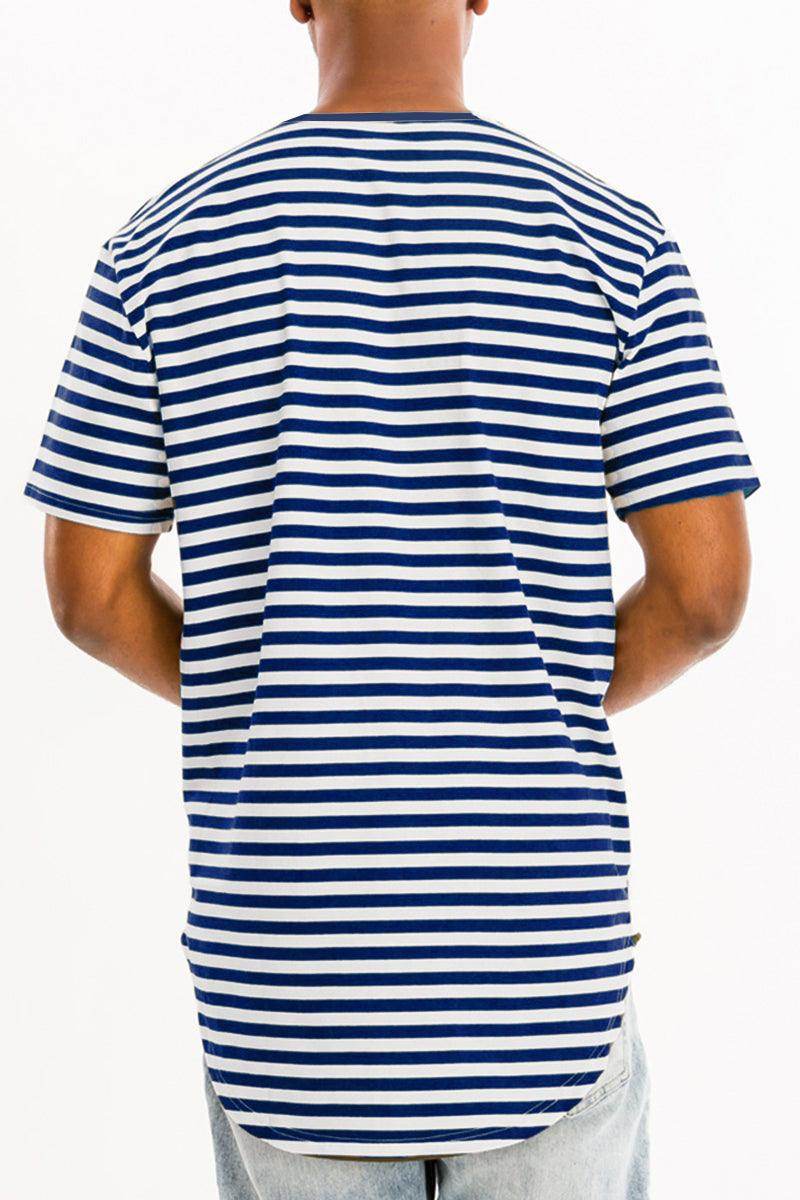 Navy Blue Striped Round Neck Tshirt - VacationGrabs
