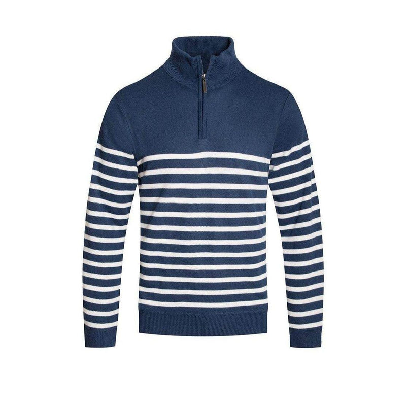 Navy white stripe pullover for men with a quarter zip and comfortable fit by VacationGrabs