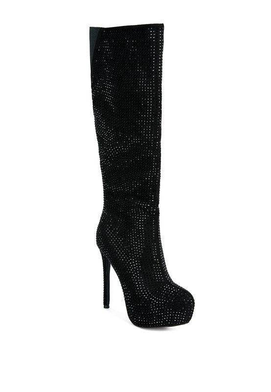 Nebula Rhinestone Embellished Stiletto Calf Boots - VacationGrabs