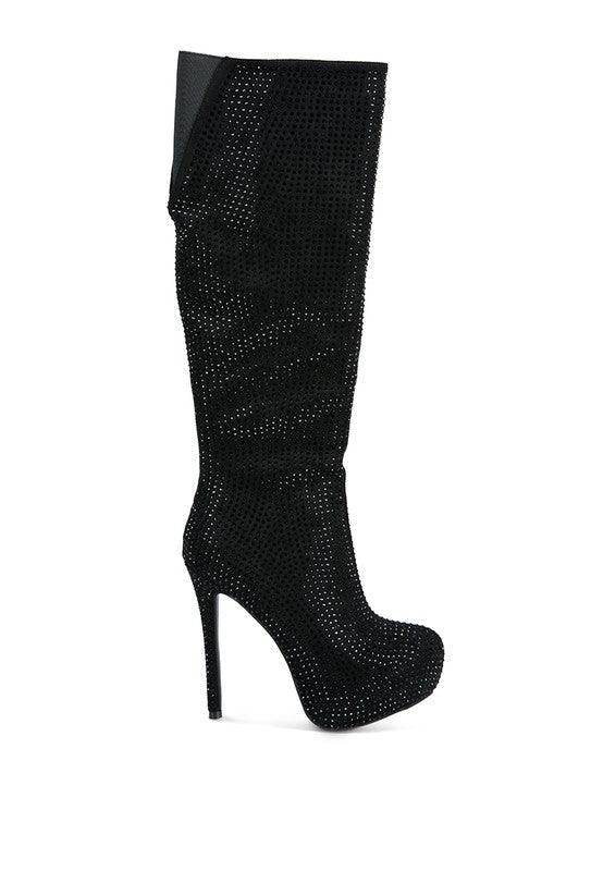 Nebula Rhinestone Embellished Stiletto Calf Boots - VacationGrabs