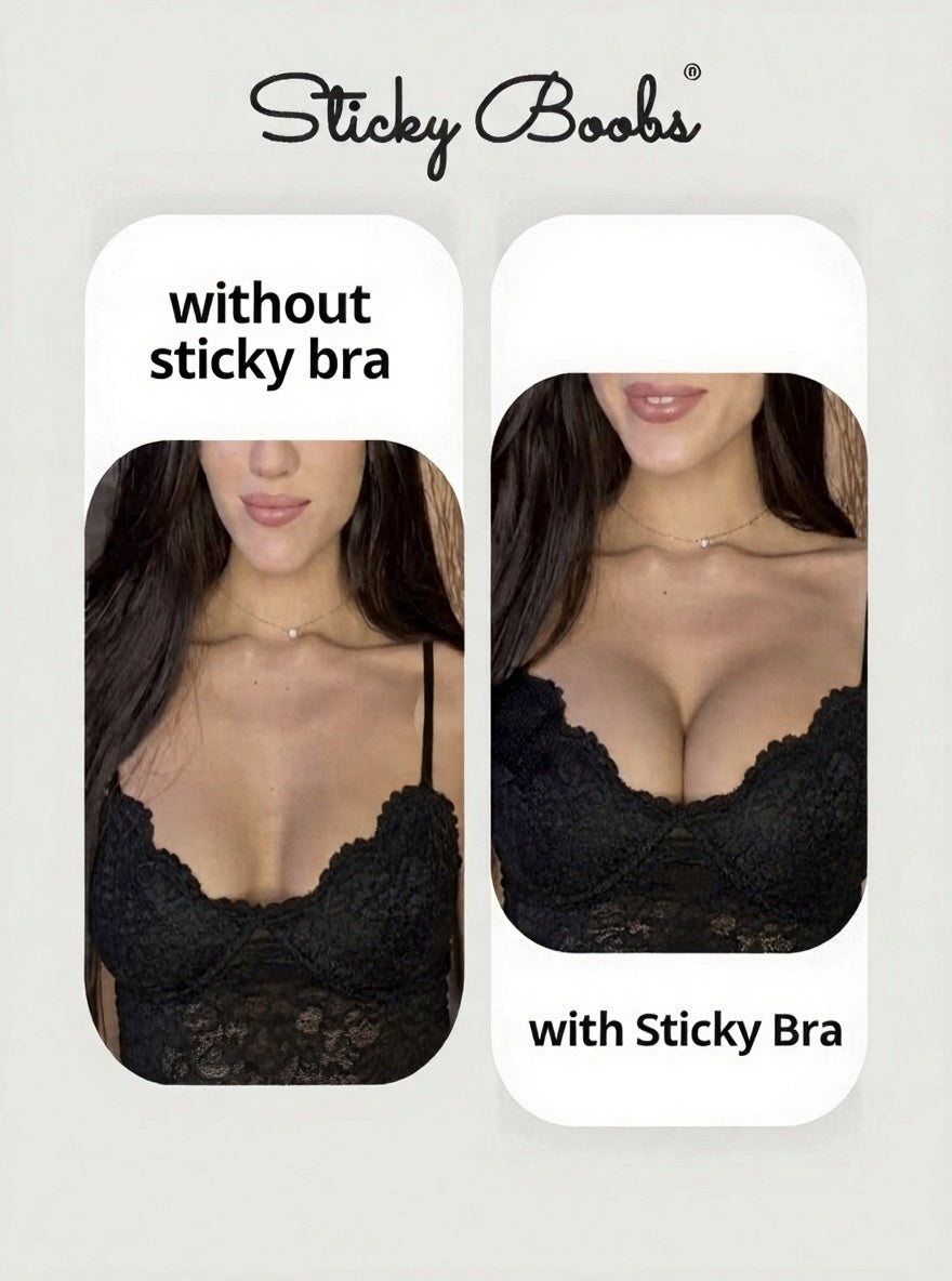 Comparison of women's cleavage with and without new and improved womens sticky bra by Sticky Boobs