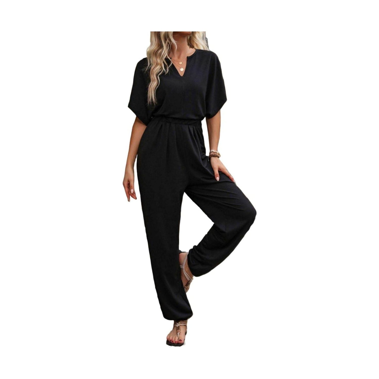 Notched Half Sleeve Straight Jumpsuit - VacationGrabs