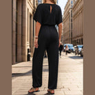 Notched Half Sleeve Straight Jumpsuit - VacationGrabs