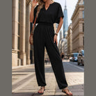 Notched Half Sleeve Straight Jumpsuit - VacationGrabs